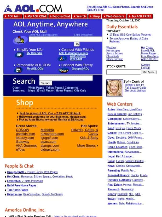 AOL.COM home page in October 2000 with a mail sign-in box, search and shopping panels