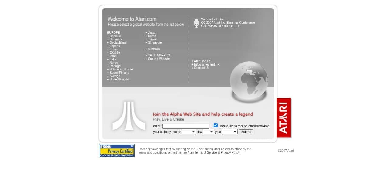 Screenshot of http://www.atari.com/ as archived May 31, 2007