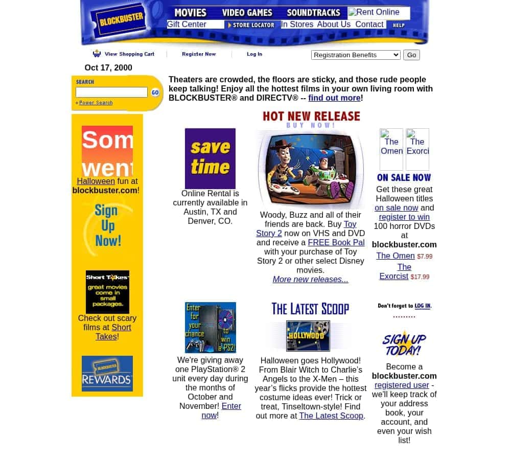 Screenshot of http://www.blockbuster.com/ as archived Oct 17, 2000