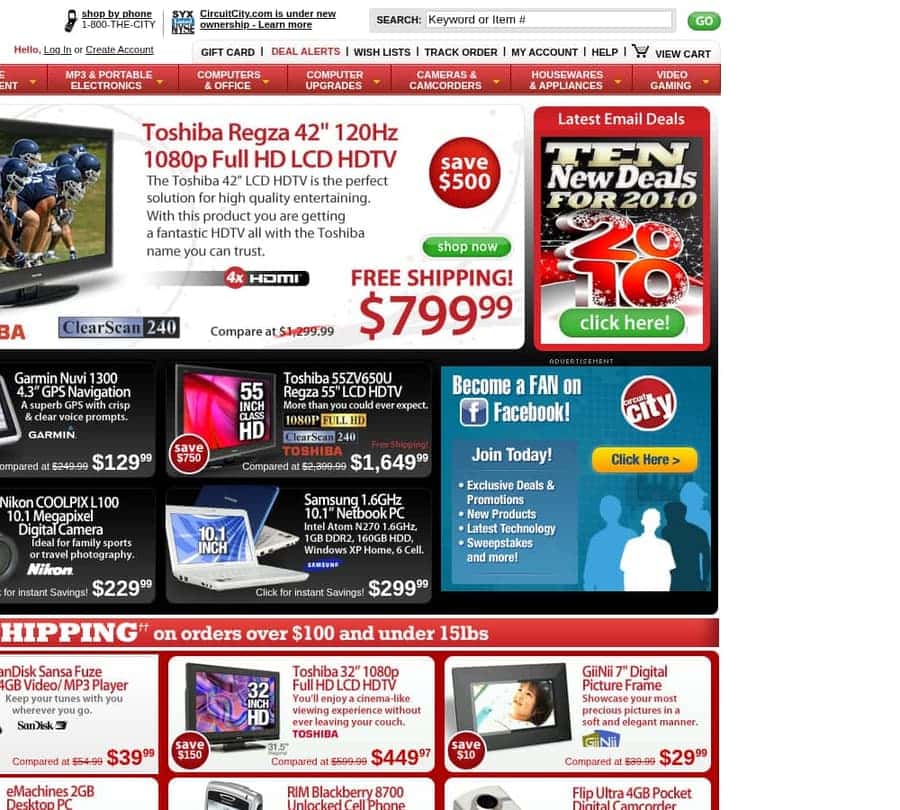 Circuit City website in January 2010 with television and laptop deals