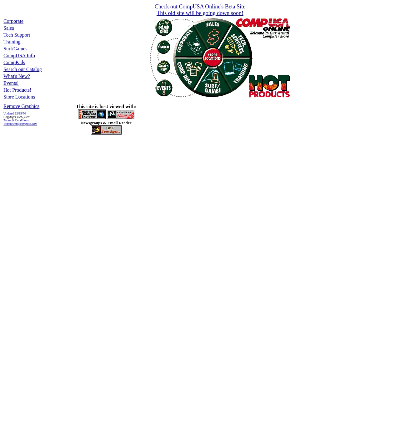 CompUSA Online home page in December 1996 with a round green navigation wheel