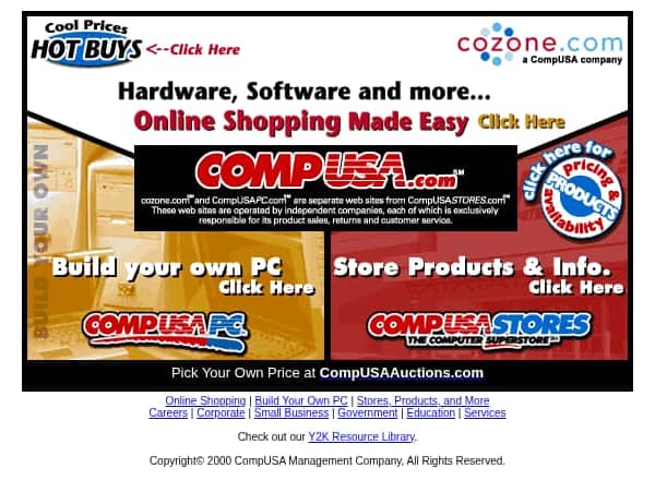 CompUSA.com home page in March 2000 with panels for cozone.com, CompUSA PC and CompUSA Stores