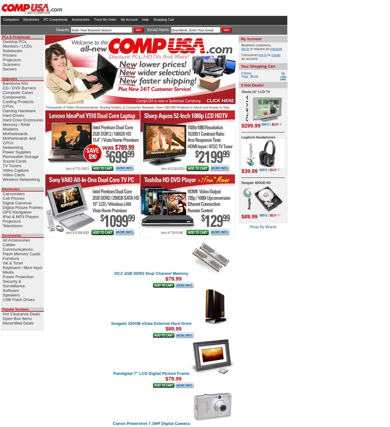 CompUSA.com home page in January 2008 with a banner reading Welcome to the all-new CompUSA.com