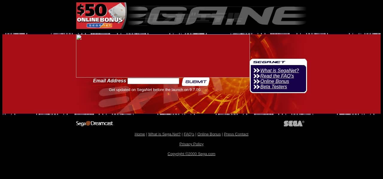 SegaNet teaser page from August 2000 with a $50 online bonus badge