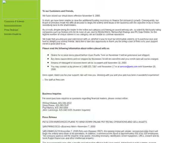 Pets.com archive image: Farewell letter, Nov 2000
