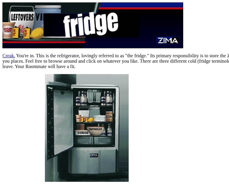 A 1996 web page showing an open refrigerator stocked with bottles